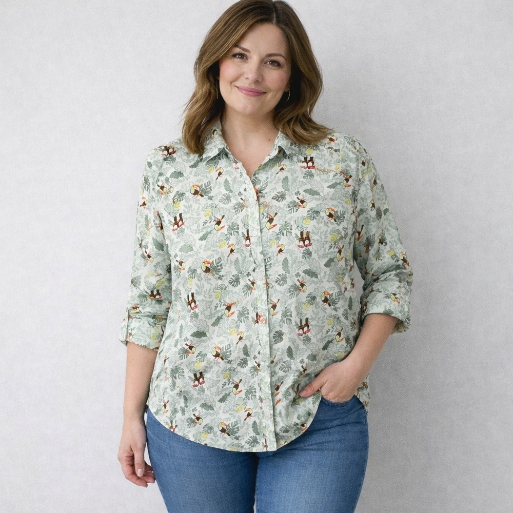 Croft & Barrow Womens Toucan Tropical Print Button Up Shirt XXL Roll Tab Sleeve